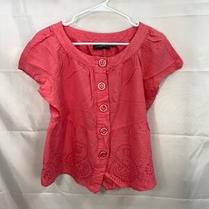 Pink Button-Up Eyelet Detail Top